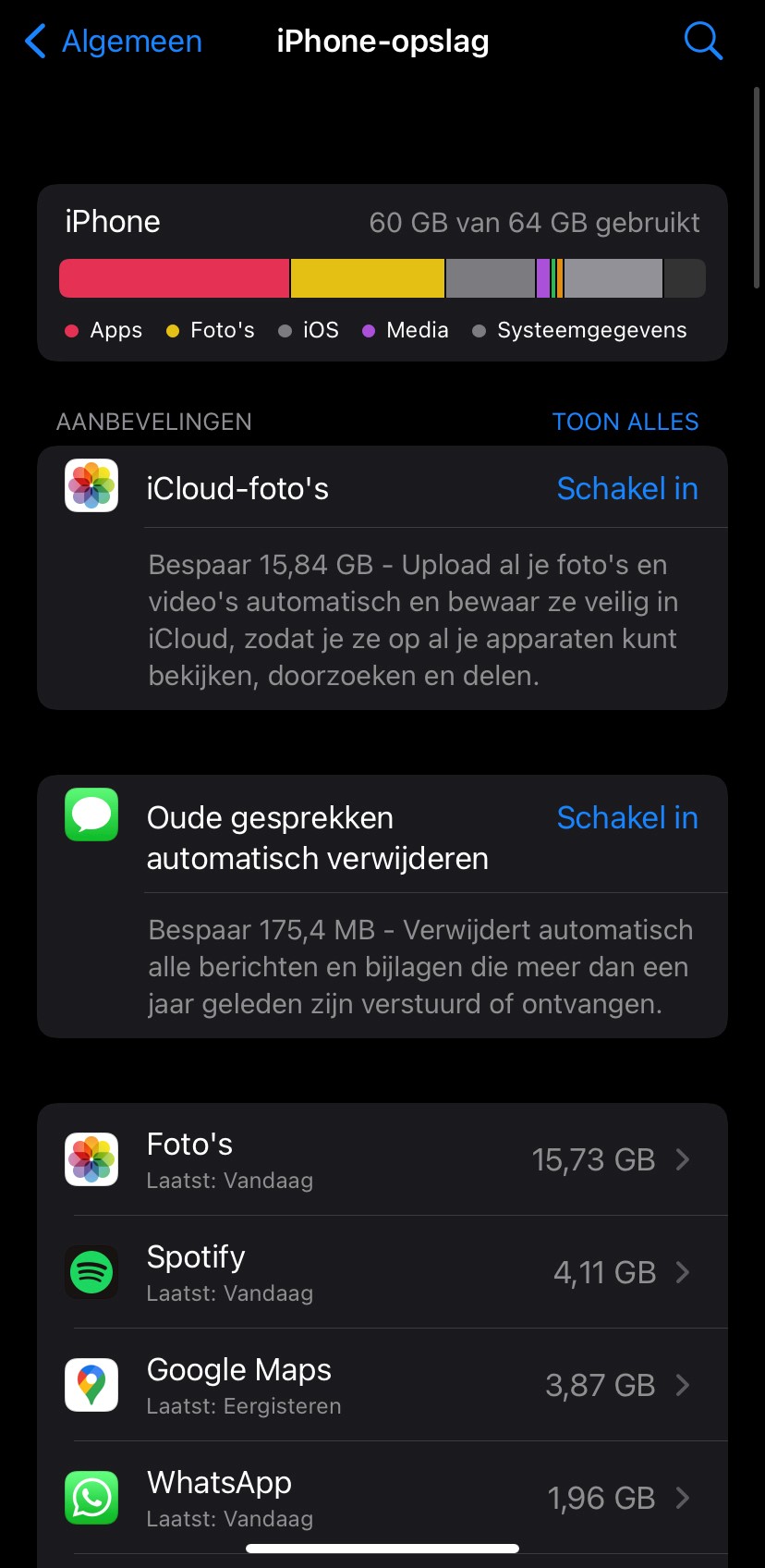 Een overzicht van in gebruik genomen opslagruimte op een iPhone